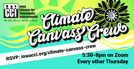 image with teal and yellow and drawing of a sun in lime green with cursive writing reading "climate canvass crew" and info in the text below