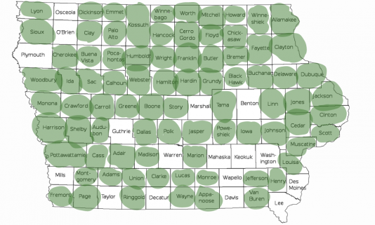 map of Iowa  counties with green shading on counties that have passed the master matrix resolution