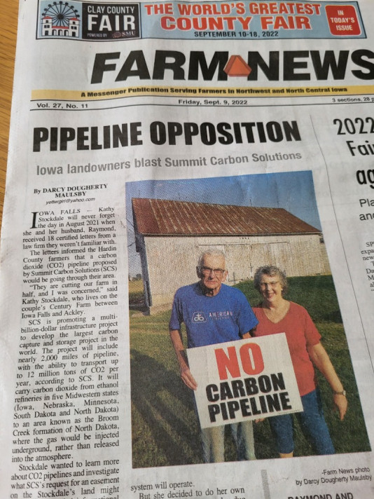 photo of front page from Sept. 9 Farm News edition with headline reading "pipeline opposition"