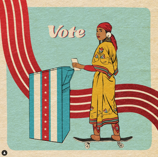 a Native person riding a skateboard up  to a box with a slip of paper, text that reads 'Vote"