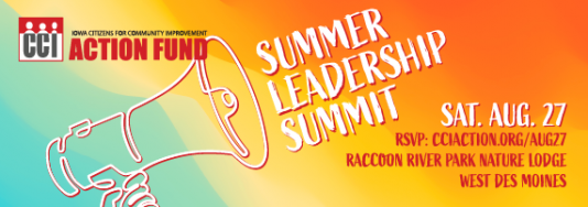 image with blue, yellow and orange background colors with the drawing of a megaphone and text reading "summer leadership summit"