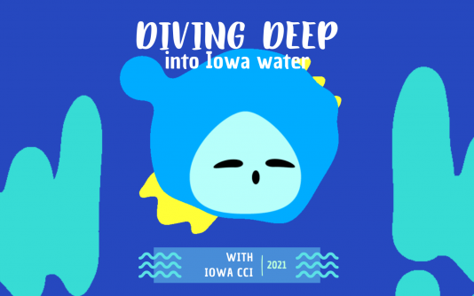 a blue graphic of a cute water droplet and the words "Diving deep into Iowa water with Iowa CCI - 2021"