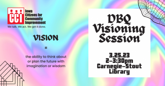 graphic with tie-dye colors and white box with black text reading "Dubuque Visioning Session" in cursive-like lettering