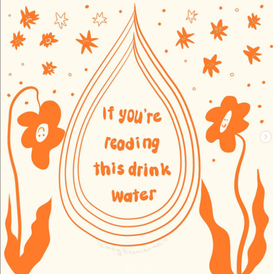 Off white and orange illustration of smiley flowers and a water drop that says "if you're reading this drink water"