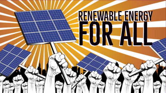 an illustration of a field of hands in front of a sunburst. some are holding solar panels like protest signs. Words over the top say "Renewable energy for all!"