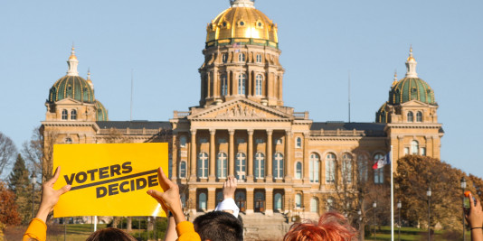 photo showing person holding sign in front of Iowa capitol reading "voters decide"